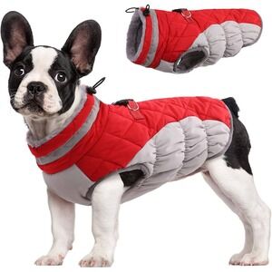 Fuamey Dog Winter Coat Red Grey Reflective Puffer Jacket Harness Small